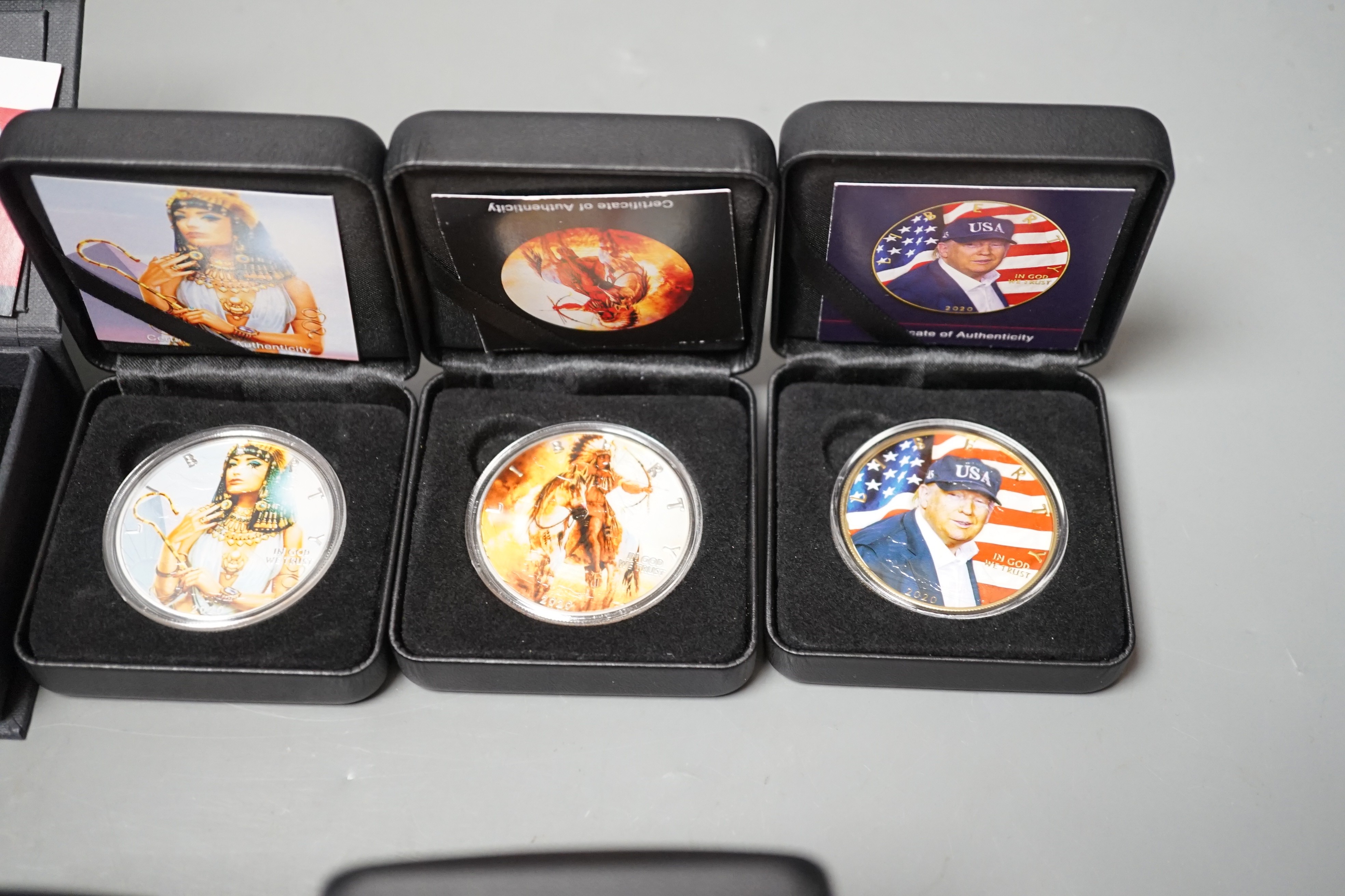 USA coins, six 1oz. silver commemorative picture coins, cased